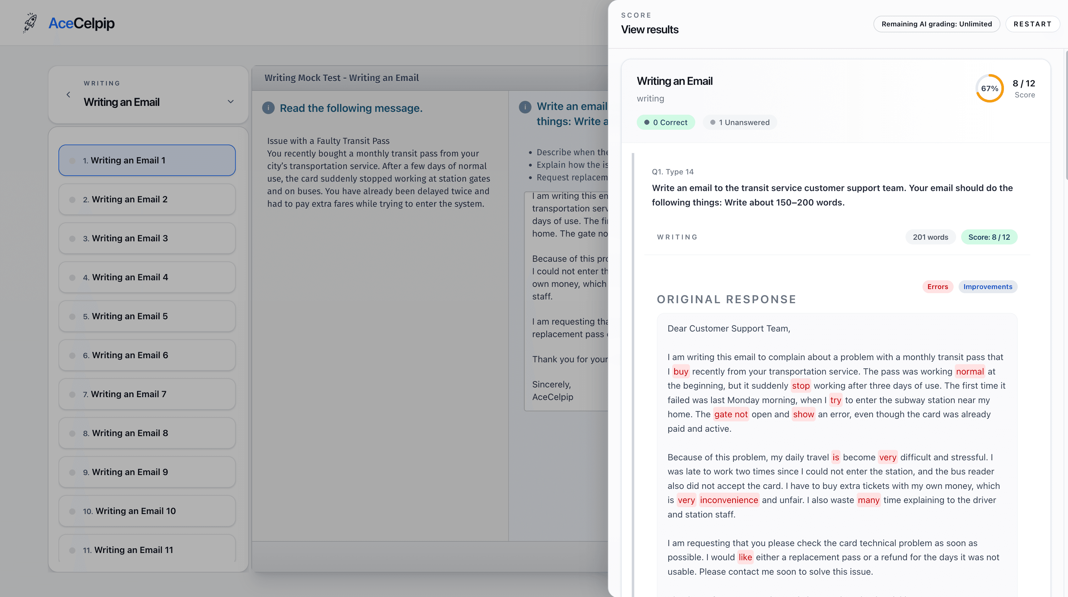 CELPIP score feedback dashboard